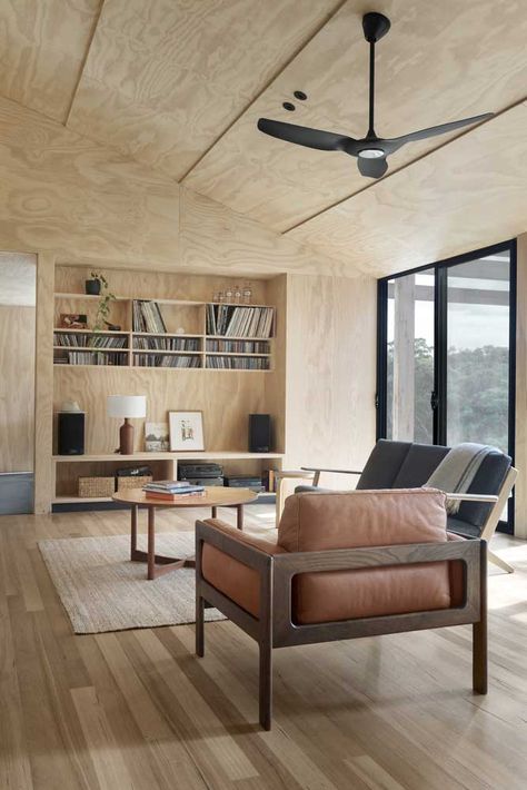 Plywood Wall Paneling, Wall Cladding Designs, Plywood Ceiling, Corrugated Metal Siding, Black Window Frames, Plywood Interior, Cladding Design, Plywood Walls, Metal Siding