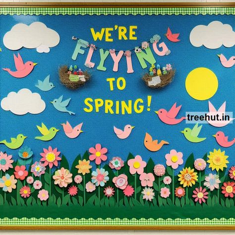 Spring Bulletin Board Ideas, School Bulletin Board Ideas Flowers Board Decoration, Spring School Board, Spring Murals For School, School Soft Board Ideas, Spring Posters For School, School Soft Board Decoration Ideas, School Bulletin Boards Spring, Border For Bulletin Board, Valentines Day Bulletin Board Ideas