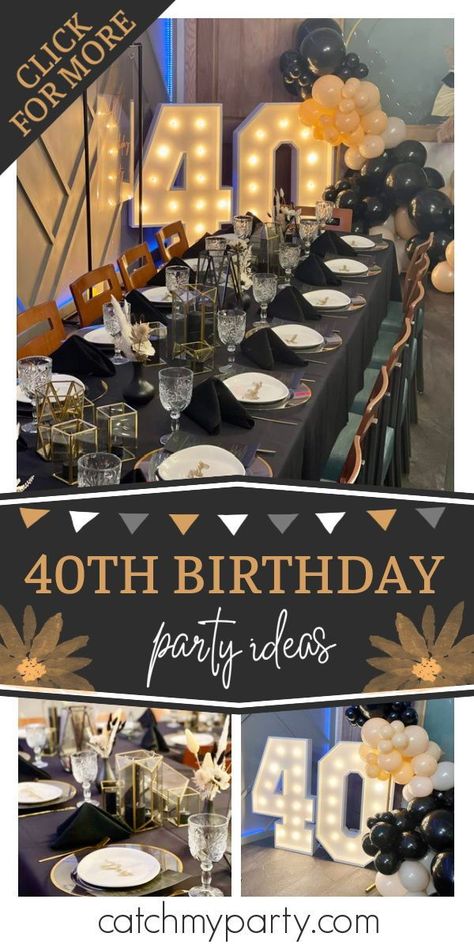 Feast your eyes on this fabulous 40th birthday! The table settings are so elegant! See more party ideas and share yours at CatchMyParty.com 40th Birthday Party For Men Decoration, Husband 40th Birthday Party Ideas Decoration, Table Decorations For 40th Birthday Party, Mens Birthday Themes Ideas, 40th Birthday Ideas For Men Table Decor, Elegant Birthday Party Decorations 40, Table Decorations For 40th Birthday, Men's 40th Birthday Ideas, 40th Mens Birthday