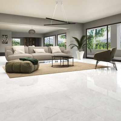 Porcelain Tile Floor Living Room, Marble Floor Living Room, Tiles For Living Room Floor, Room Tiles Floor, Modern Floor Tiles, 12x24 Tile, Tiles Living Room, Tile Floor Living Room, White Marble Floor