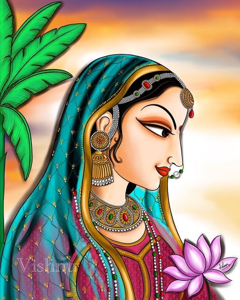 VishnuArts on Instagram: “New series of paintings on ‘Faces of Traditional Indian folk paintings’ Presenting you all my 9th and final painting on this series…” Rajasthani Painting, Mughal Art Paintings, Rajasthani Art, Series Of Paintings, Saree Painting, Indian Art Gallery, African Art Paintings, Pichwai Paintings, Beautiful Art Paintings