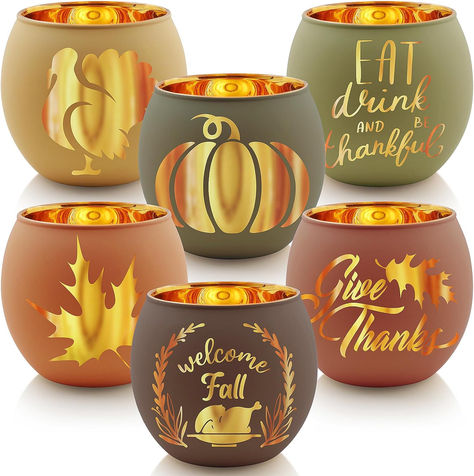 Thanksgiving Votive Candle Holder Set of 6, Glass Votives Holder with 6 Laser Engraving Patterns, Tealight Holders Bulk for Fall Table Centerpiece Decor Tea Lights Centerpieces, Engraving Patterns, Fall Candle Holders, Thanksgiving Candles, Fall Table Centerpieces, Glass Votives, Small Candle Holders, Glass Votive Candle Holders, Glass Votive Holders