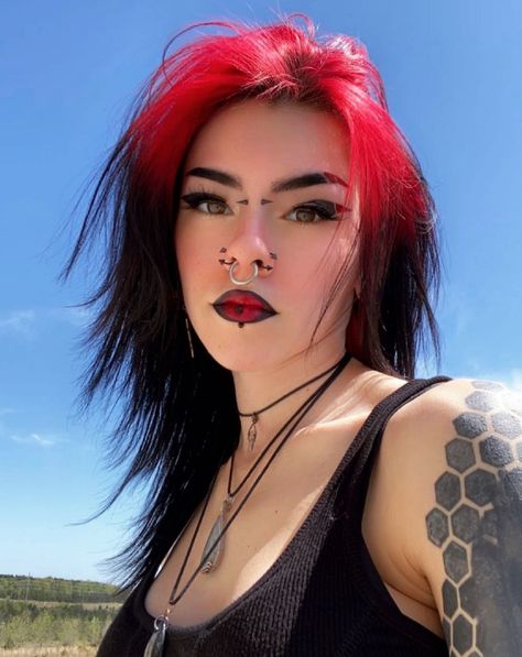 Root Hair Dye Ideas, Colorful Roots Black Hair, Red Hot Roots Hair, Pink Shadow Root Black Hair, Red Root Hair, Dark Red And Black Hair Ideas, Bright Red Hair With Black Roots, Bright Roots Dark Hair, Hot Pink Roots With Black Hair