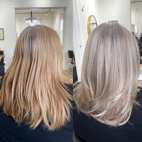 Gray Strawberry Balayage Before and After Strawberry Balayage, Blonde Hair With Grey Highlights, Balayage Before And After, Natural White Hair, Grey Hair Care, Hair Change, Grey Blonde Hair, Mushroom Hair, Grey Hair Transformation