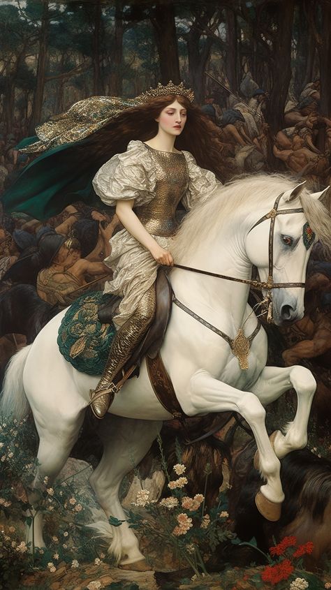 Created in Midjourney prompt: A painting of a woman in armor riding a horse, in the style of detailed crowd scenes, appropriation art, white and emerald, gothic references, uniformly staged images, by JOHN WILLIAM WATERHOUSE and Evelyn De Morgan and Frederic Leighton Horse Riding Images, Warrior Princess On Horse, Baroque Horse Painting, Horseriding Reference, Woman On Horse Reference, Two Women Painting, Medieval Woman Painting, Medieval Romance Art, Women In Armor Art