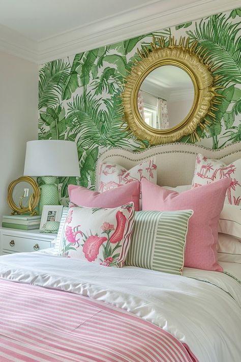 Palm Beach Regency Bedroom, Beverly Hills Hotel Decor Inspiration, Preppy Guest Bedroom, Palm Beach Style Bedroom, Palm Springs Aesthetic Bedroom, Girly Beach Bedroom, Palm Beach Decor Bedroom, Roller Rabbit Bedroom, Pink Tropical Bedroom