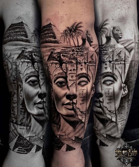 Egyptian Forearm Tattoo Men, Eygptain Tattoos Sleeve, Akhenaten Tattoo, Pyramid Of Giza Tattoo, Hatshepsut Tattoo, Pyramids Egypt Tattoo Design, Egyptian Pharoah Tattoo, Egyptian Sleeve Tattoo, Ancient Egyptian Tattoo