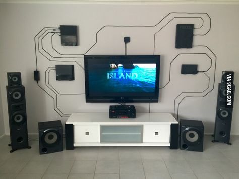 Using the wall instead of hiding everything. Wires can be cool. Video Game Rooms, Bilik Tidur, Gaming Room Setup, Gamer Room, Video Game Room, घर की सजावट, Game Room Design, Home Cinemas, Room Setup