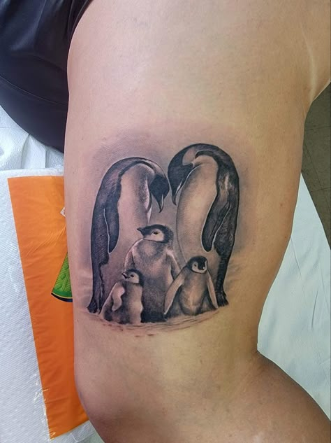 Animal Family Tattoo, Matching Penguin Tattoos Couples, Matching Penguin Tattoo, Penguins Tattoo Couple, Best Friend Penguin Tattoo, Family Of Penguins Tattoo, Penguin Family Tattoo, Emporer Penguin Tattoo, Heart Rate Tattoo