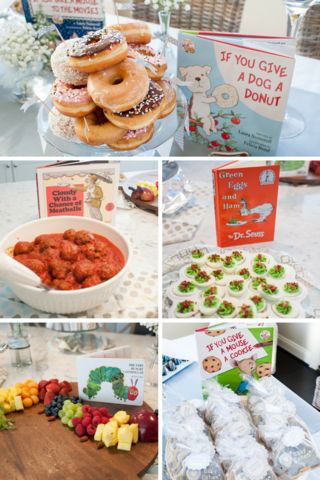 Storybook Themed Food, Storybook Food Ideas, School Baby Shower For Teacher, Baby Shower Childrens Book Theme, Storybook Shower Ideas, Childrens Book Baby Shower Ideas, Story Book Baby Shower Theme Food Ideas, Books And Brunch Baby Shower Ideas, Bookworm Baby Shower Ideas