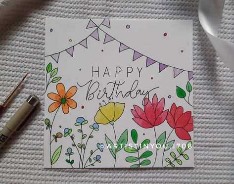 Flower Doodling, Birthday Card Drawing, Birthday Thank You Cards, 22nd Birthday, Card Drawing, Fun Easy Crafts, Card Birthday, Art Classes, Easy Crafts