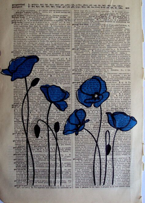 Blue Poppies Art And Illustration, Blue Poppies, Journal D'art, Art Du Collage, Newspaper Art, Book Page Art, Dictionary Art, Art Et Illustration, Old Book