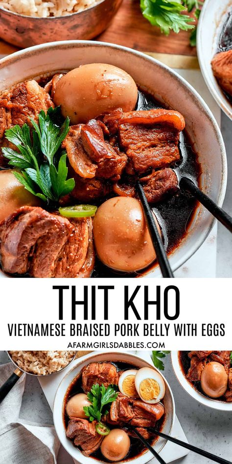 This Thit Kho recipe features tender braised pork belly and hard boiled eggs in a flavorful caramelized coconut sugar sauce. A traditional sweet-and-savory Vietnamese comfort food dish that's easy to make at home! Vietnamese Pork Belly And Eggs, Vietnamese Braised Pork Belly, Vietnamese Braised Pork And Eggs, Kakuni Pork Belly, Braised Pork Belly Recipes, Vietnamese Pork Belly, Healthy Vietnamese Recipes, Pork Belly And Eggs, Thit Kho Recipe