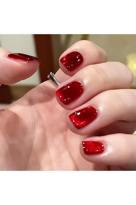 NAILKISS Blood Red&amp;Wine Red Magnetic Cat Eye Gel Polish Ruby Cat Eye Nails, Red Cats Eye Nails, Red Nails Cat Eye, Red Magnetic Nails, Red Cat Eye Nails Design, Red Glass Nails, Red Cateye Nails, Nails For Quince, Red Jelly Nails