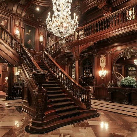 Victorian Mansion Foyer, Castle Combe Manor House Interior, Grand Foyer Staircase, Dark Wood Mansion, Old Mansions Interior Victorian, 1600s Mansion, Old Victorian Mansions Gothic, 1920s Mansion Interior, Wooden Mansion Interior