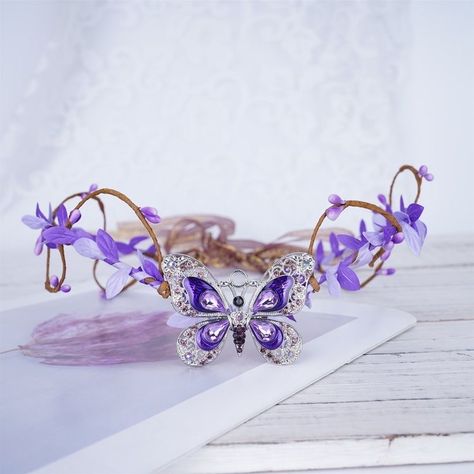 Purple Butterfly Crown, Purple Prom Accessories, Purple Butterfly Prom Dress, Elf Flower Crown, Purple Fairy Dress, Purple Butterfly Dress, Purple And Blue Butterfly, Purple Tiara, Butterfly Tiara