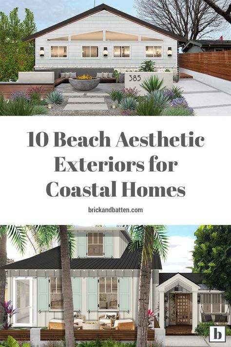 Coastal homes can be found in various areas throughout the United States, from New England to the Pacific Northwest to Florida’s Gulf Coast. Here, we’ve put together a roundup of some of our favorite coastal home designs with a beach aesthetic to inspire you. #brickandbatten #beachaesthetic #coastalhome #coastalhomes #coastalhomedesign California Beach Cottage Exterior, Classic Beach House Exterior, Beach Bungalows Coastal, Beach House Exterior Colors Florida Coastal Cottage, Beach House Siding Colors, Beach Homes Exterior Seaside Coastal, Gray Coastal Home Exterior, Coastal Transitional Exterior, Beach Bungalows Exterior