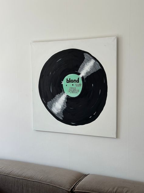 A handmade, minimalistic painting of a LP disc with Frank Ocean's album Blond. Perfect for making your home more stylish and personal. The creator Julia Andersson makes unique acrylic art, often with a music theme. Dimensions: 80 x 80 cmMaterial: Acrylic on canvasWorking hours: 15 h Painting Of Records On Canvas, Music Album Paintings, Album Painting Ideas, Album Covers Painting, Canvas Painting Music, Frank Ocean Painting, Music Canvas Painting, Album Cover Paintings, Frank Ocean Art