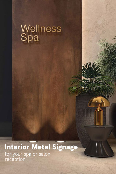 Elegant interior metal signage with 'Wellness Spa' in golden letters, presenting a promise of luxury and relaxation for a serene spa or salon reception area, enhanced by ambient lighting and lush foliage. Spa Massage Room, Home Spa Room, Spa Room Decor, Spa Interior Design, Metal Signage, Rustic Backdrop, Spa Interior, Spa Decor, Spa Room