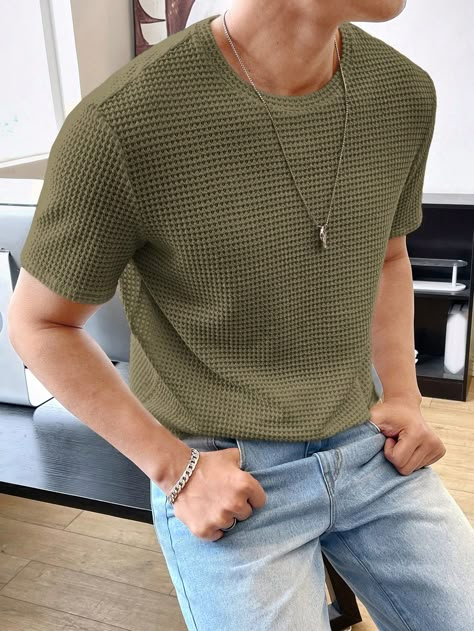 Men's Summer Solid Color Round Neck Waffle Knit Casual Short Sleeve T-Shirt Army Green Casual  Short Sleeve Knitted Fabric Plain  Slight Stretch  Men Clothing, size features are:Bust: ,Length: ,Sleeve Length: Boys Winter Clothes, Waffle Shirt, Man Clothing, Christmas Costume, Men's Knit, Knit Tees, Mens Casual Outfits, Knit Fashion, Short Sleeved Sweaters