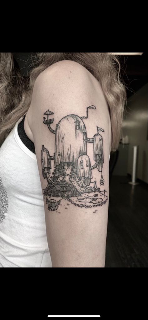 Super sick Adventure Time tree fort tattoo I got last summer on Pendleton Ward’s birthday! Obsessed with the details! My dream tattoo🥺🌿🤎 Adventure time tattoos adventure time tattoo inspo fairycore tattoo Adventure Time Tattoo, Funky Tattoos, Cute Little Tattoos, Home Tattoo, Cartoon Tattoos, Time Tattoos, Dream Tattoos, Dope Tattoos, Little Tattoos