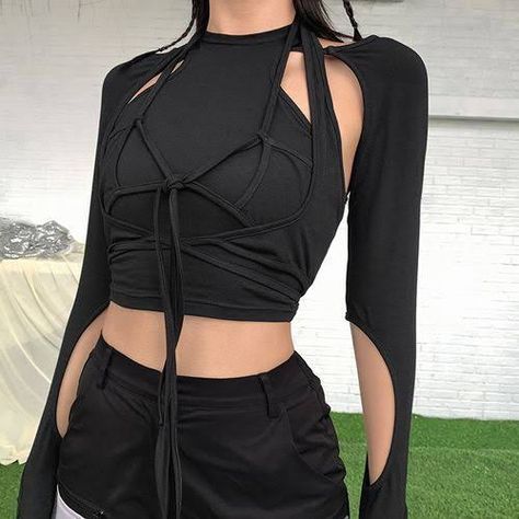 Bandage Crop Top, Cutout Crop Top, Gothic Shirts, Black Punks, Long Sleeve Workout, Tshirt Women, Ladies Top, Harajuku Streetwear, Summer Crop Tops