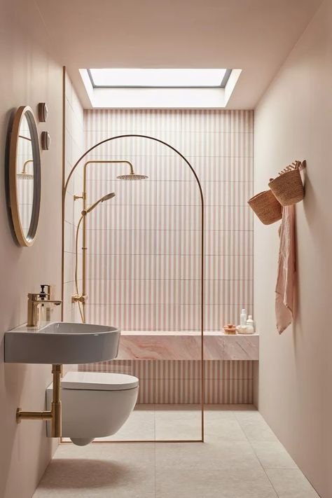 5 Tile Trends Worth Knowing About | SheerLuxe Italian Theme Bathroom, Enchanting Bathroom, Timeless Bathroom Design, Life Is Art, Striped Tile, Peach Salmon, Narrow Bathroom, Timeless Bathroom, Art Live