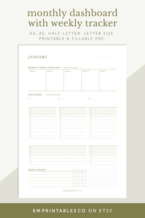 This monthly planner overview is made perfect for a project manager, small business owner, freelancer, or master multitasker. It includes 5 focus areas where you can list your main goals, projects or clients that you would like to focus on for the month. With an action plan which comes in the format of a to-do list, it will help you to stay organised and on top of things. On top of that, it comes with monthly theme and highlights for at-a-glance planning. Weekly tracker is also included. Monthly Focus Ideas Planner, Monthly Business Planner, Monthly Goals Planner Ideas, Monthly Planner Landscape, Month Overview Bullet Journal, Planner Monthly Layout, Map Worksheets, Monthly Planner Template, Time Tracker