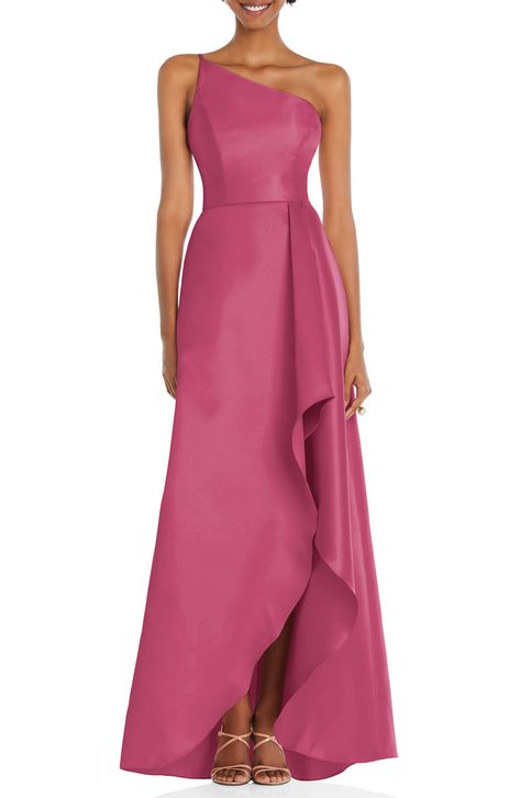 A dramatically draped high-low skirt and one-shoulder neckline are the showstoppers on this striking A-line satin gown. 52" length (size 8) One-shoulder neck Sleeveless Lined 100% polyester Dry clean or machine wash, tumble dry Imported | Alfred Sung One-Shoulder Satin Gown Organza Gowns, Alfred Sung, One Shoulder Cocktail Dress, Red Bridesmaid Dresses, One Shoulder Gown, Infinity Dress, Dress Order, Tea Rose, Satin Gown