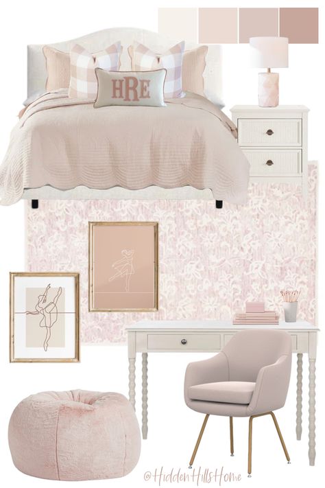 Cute girls bedroom decor mood board with blush pink tones! This girls room has a ballet theme and is perfect for a Tween girl Pink Bedroom Accessories, Blush Pink Bedroom, Pink Bedroom For Girls, Pink Girl Room, Big Girl Bedrooms, Teen Girl Room Decor, Teen Girl Room, Pink Bedrooms