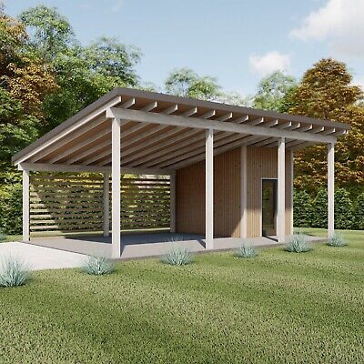 Backyard Shed Modern, Double Carport With Storage Room, Lean To Carport With Storage, Modern Carport With Storage, Modern Garage Design Architecture, Prefab Storage Shed, Backyard Shed With Patio, Detached Carport With Storage, Carport Shed Combo