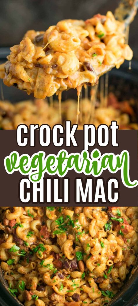 Crockpot Chilimac, Crock Pot Vegetarian Chili, Crock Pot Vegetarian, Vegetarian Chili Mac, Vegetarian Chili Crock Pot, Mac Chili, Slow Cooker Vegetarian Chili, Vegan Crockpot Recipes, Vegetarian Slow Cooker Recipes