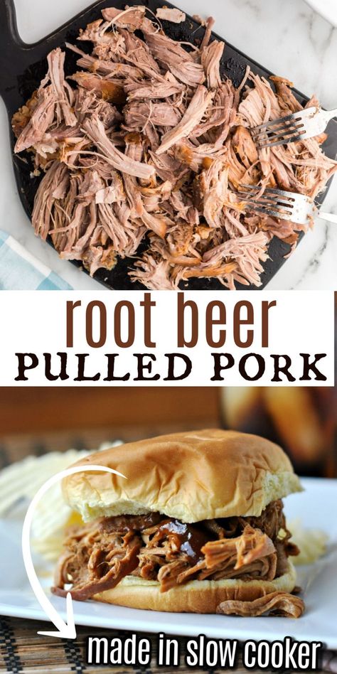 Root Beer Pulled Pork in the slow cooker is a delicious, sweet and tangy recipe! Less than 5 minutes prep too! Pull Pork Recipe, Root Beer Pulled Pork Crock Pot, Pulled Pork With Root Beer, Pulled Pork Crockpot, Buttermilk Replacement, Root Beer Pulled Pork, Dr Pepper Pulled Pork, Rootbeer Pulled Pork, Pork Crockpot