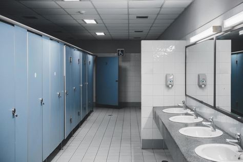 Public toilet and Bathroom interior with wash basin and toilet room. Bathroom Stall Doors, School Bathroom, Bathroom Stall, Public Bathrooms, Toilet Room, Public Restroom, Boys Bathroom, Wash Basin, Bathroom Interior Design