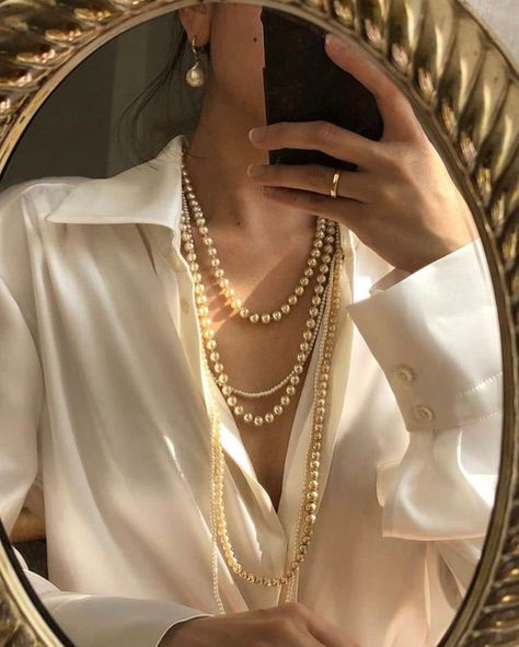 83e8ef518174e1eb6be4a0778d050c9ddesc52663023ri Pearl Jewelry Outfit, Pearl Necklace Aesthetic, Pearl Necklace Outfit, Pearl Outfit, Cream Silk Blouse, Necklace Outfit, Blogger Outfits, Silk Outfit, Women's Button Down Shirt