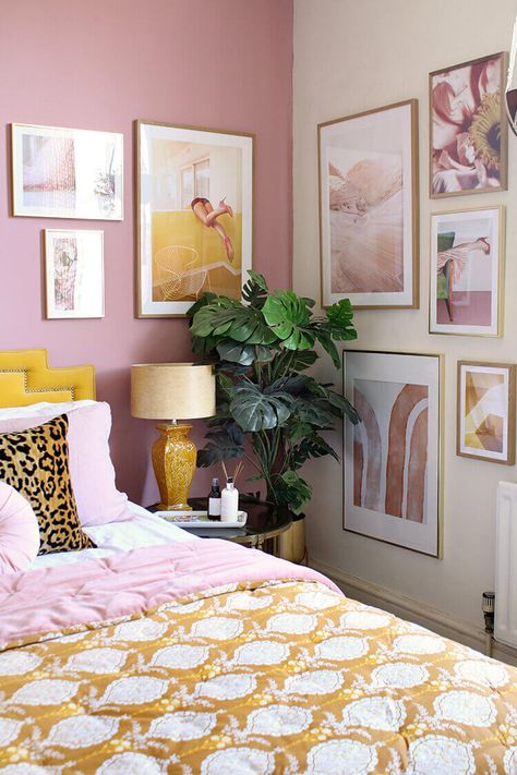 Romantic Bedroom Colors, Pink Bedroom Walls, Boston Apartment, Bedroom Color Combination, Gallery Wall Bedroom, Pink Bedroom Decor, Yellow Room, Pink Bedrooms, Yellow Bedroom