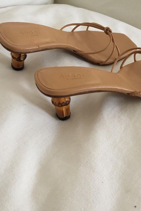 Vintage Gucci tan Bamboo strappy heels | Nuuly Thrift Tan Kitten Heels, Vintage Gucci Shoes, Vintage Designer Heels, Vintage Kitten Heels, Strappy Kitten Heels, Lounge Cafe, Cheetah Heels, Gucci Heels, Vintage Sandals