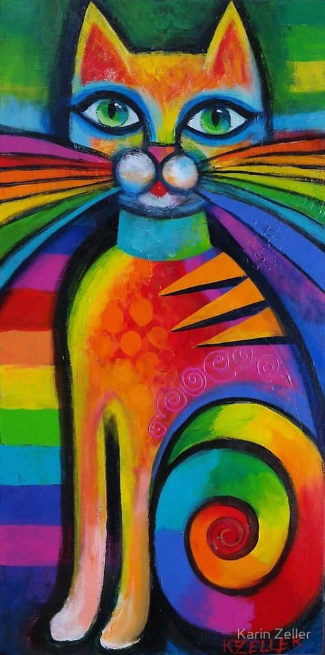 Abstract Cats Art Painting, Rainbow Cat Painting, Colourful Cat Painting, Cat Artwork Abstract, Geometric Cat Art, Rainbow Animals Art, Cat Art Whimsical, Whimsical Art Animals, Colorful Cat Painting