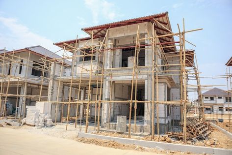 Premium Photo | House under construction with autoclaved aerated concrete block structure at building site Autoclaved Aerated Concrete, Aerated Concrete, Tiled Staircase, Construction Images, House Under Construction, Construction Contractors, Construction Ideas, Building Site, Concrete Block