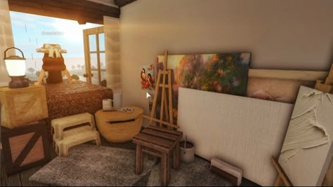 Bloxburg Area Ideas, Bloxburg Cluttered House, Custom Bloxburg Couch, Art Studio Bloxburg, Art Room Bloxburg, Bloxburg Fall Living Room, Bloxburg Art Studio, Bloxburg Art Room, Bloxburg Space Fillers