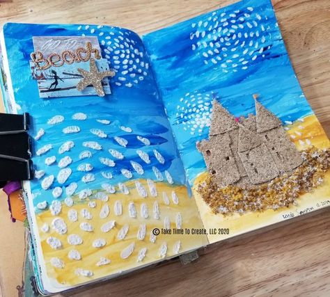 Beach Art Journal Page - Take Time To Create Scrapbook Ideas Beach Theme, Summer Art Journal, Ocean Theme Journal Ideas, Sea Scrapbook Ideas, Beach Journal Ideas, Beach Journal, Ocean Journal, Scrapbook Themes, Summer Journal