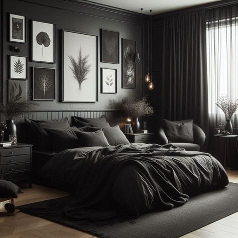 Black Bedroom Gray Bedroom Ideas Aesthetic, Black Bedding Bedroom, Grey And Black Bedroom, Black Bedroom Aesthetic, Black And Grey Bedroom, Dark Gray Bedroom, Black Bedroom Design, Gothic Bedroom, Sophisticated Bedroom