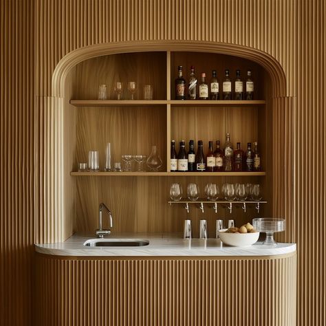 INTERIORS Old Hollywood Interior Design, Bar Niche, Built In Bar Cabinet, Ryan Saghian, Built In Wet Bar, Kitchen Niche, Wet Bar Designs, Fluted Wood, Japanese Bar