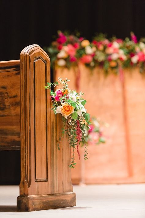 Our Oak Church Pews dressed in bright florals simply stun as guest seating for this Altria Theater wedding ceremony in RVA!  Image by David Abel. Florals by The Proper Petal. Planning by Blush Events. Aisle Floral Decor, Church Wedding Flowers Altar, Wedding Pew Markers, Church Pew Flowers, Summer Church Wedding, Church Pew Wedding, Church Pew Decorations, Ceremony Decorations Church, Wedding Pew Decorations