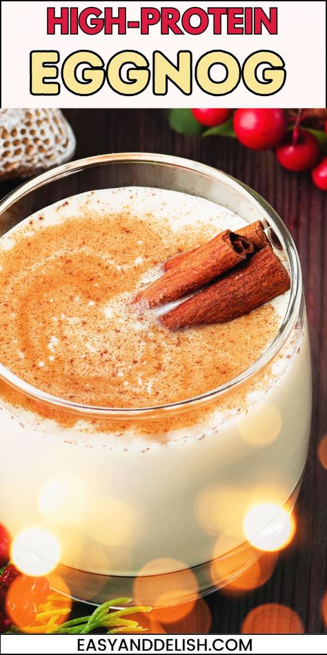 High-Protein Eggnog in a glass garnished with cinnamon sticks. Dairy Free Eggnog Recipe, Eggnog Protein Shake, Keto Eggnog, Dairy Free Egg Nog, Best Summer Cocktails, Easy Holiday Desserts, High Protein Dinner, Keto Cocktails, Weight Goals