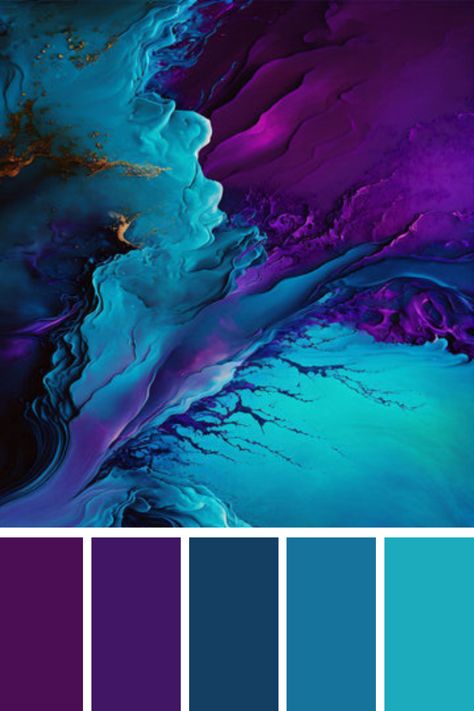 An abstract blend of deep purples and teal blue, with fluid waves merging to create a striking contrast. The dynamic flow of colors adds a sense of depth and movement. Teal Purple Color Palette, Blue Lilac, Deep Purple Color Palette, Purple And Teal Aesthetic, Turquoise Color Combinations, Color Scheme Generator, Teal Color Palette, Purple Palette, Turquoise Painting