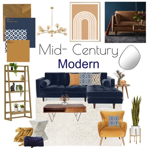 Colorful Mid Century Modern Furniture, Moodboard Interior Design Office, Modern Furniture Mood Board, Modern Moodboard Interior Design, Bedroom Styles 2023, Modern Style Mood Board, Mid Century Moodboard, Mid Century Modern Design Interiors, Living Room Moodboard Interior Design