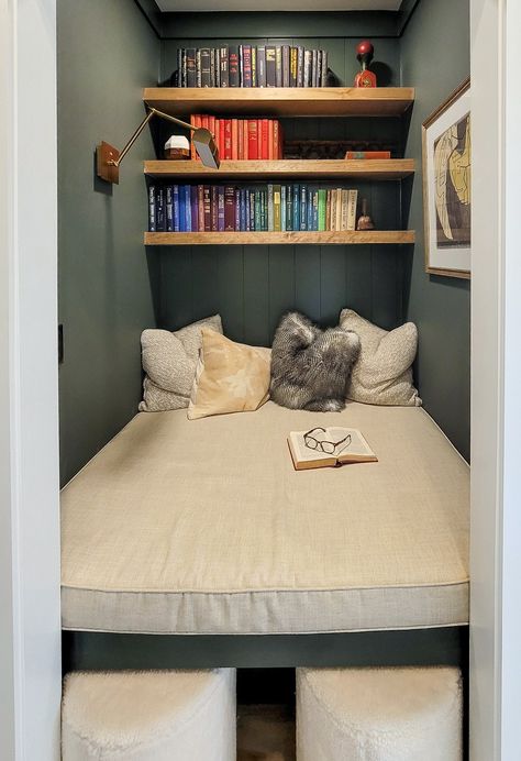 Beds In Alcoves, Small Closet Turned Into Reading Nook, Bed In A Nook, Bed In Wall Nook, Deep Alcove Ideas, Walk In Closet Reading Nook, Cozy Closet Nook, Closet Reading Nook For Adults, Bed Nook Built In