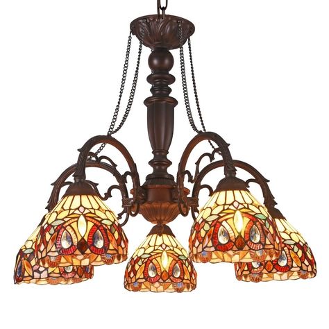 Chloe Tiffany Style 5-light Dark Bronze/Art Glass Chandelier, Multicolor Tiffany Light Fixtures, Tiffany Chandelier, Cheap Chandelier, Antique Tiffany, Large Chandelier, Wagon Wheel Chandelier, 5 Light Chandelier, Large Chandeliers, Beautiful Chandelier