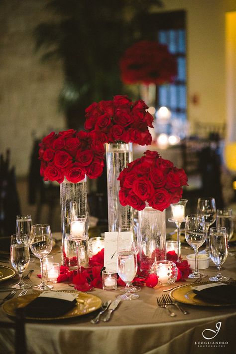 November Wedding Centerpieces, Briscoe Manor, Red Roses Centerpieces, Romantic Wedding Centerpieces, Red Centerpieces, Purple Centerpieces, Red Wedding Decorations, Red Wedding Theme, Tall Wedding Centerpieces